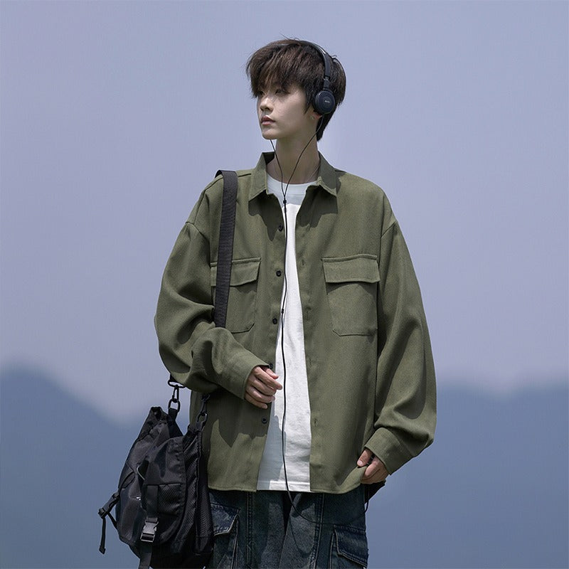 Japanese-style Workwear Long-sleeve Olive Green Shirt Jacket